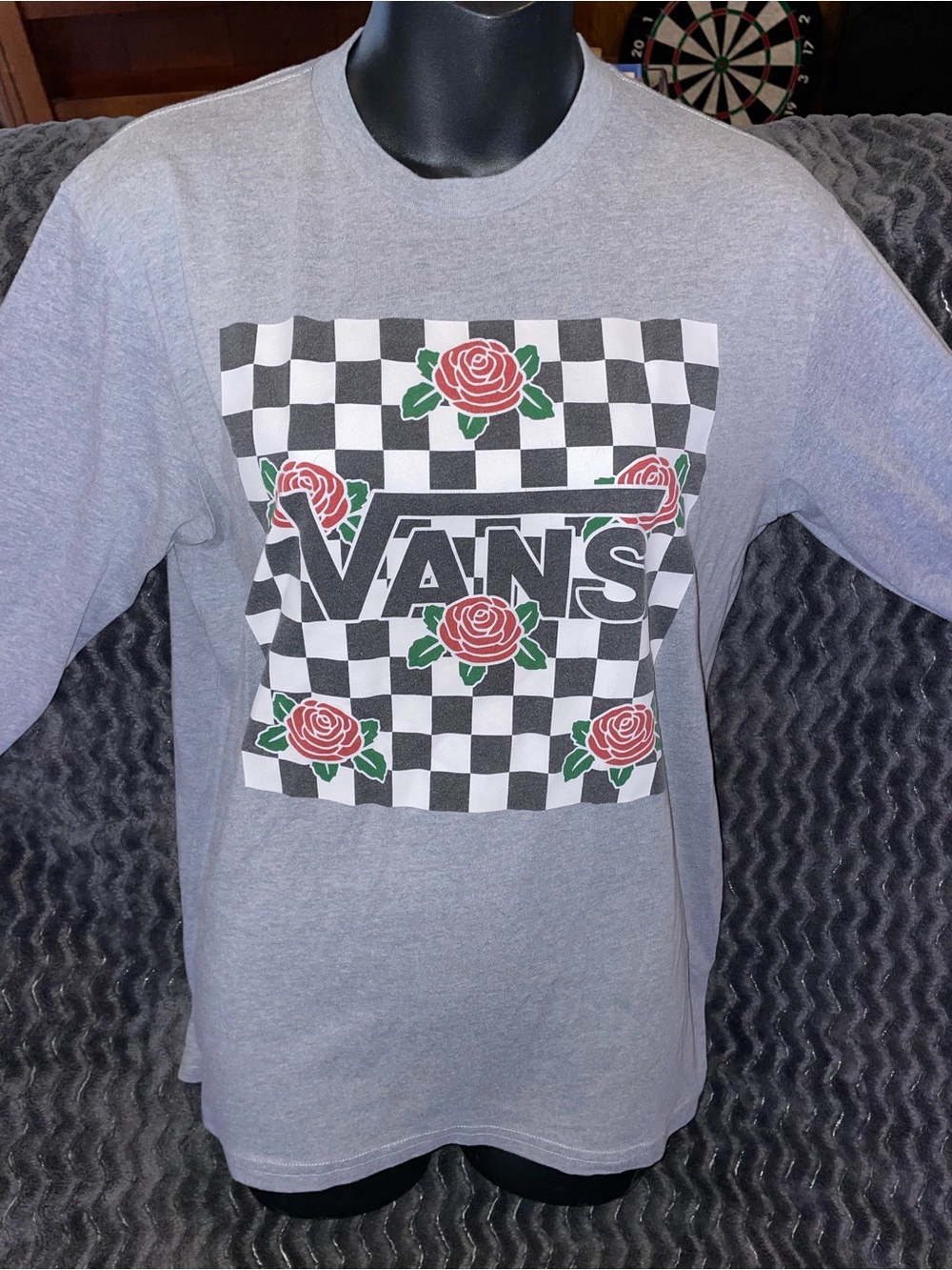 Vans Gray Long-Sleeve Checkerboard Tee with Red Roses